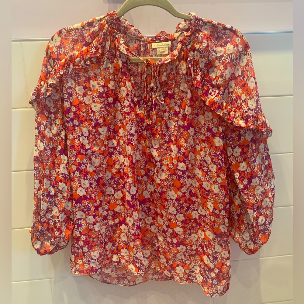 Shoshanna long sleeve floral print peasant blouse with tie neck in XS